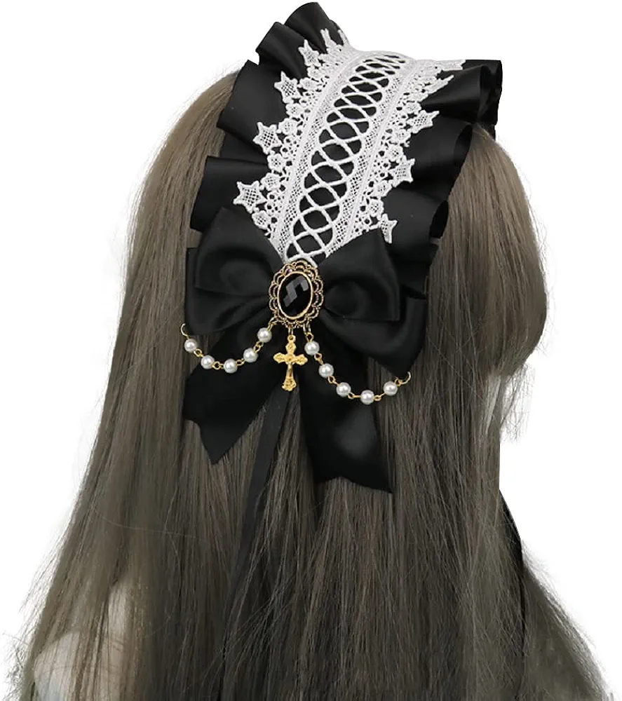 GUOJOZO ヘッドドレス ロリータ ゴスロリ ヘッドドレス ロリータ 髪飾り ヘアクリップ付き 十字架 真珠 蝶結び リボン設計 かわいい 茶話会  パーティーの変装に最適 黒
